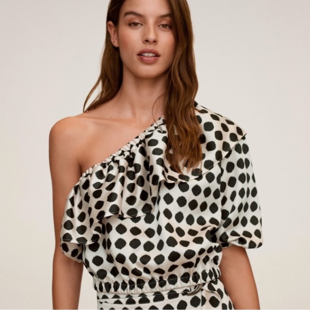 Mango Black and White Polka Dot One-Shoulder Crop Top - Picture 2 of 10